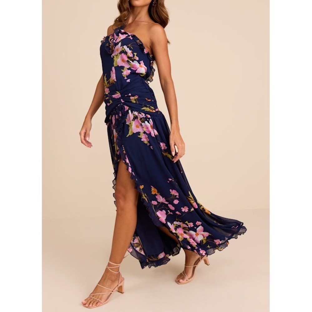 NWT Lulus Alayda Navy Blue Floral Asymmetrical Ruffled Maxi Dress Large